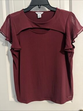 Calvin Klein Burgundy Short-Sleeve Cutout Flutter Blouse